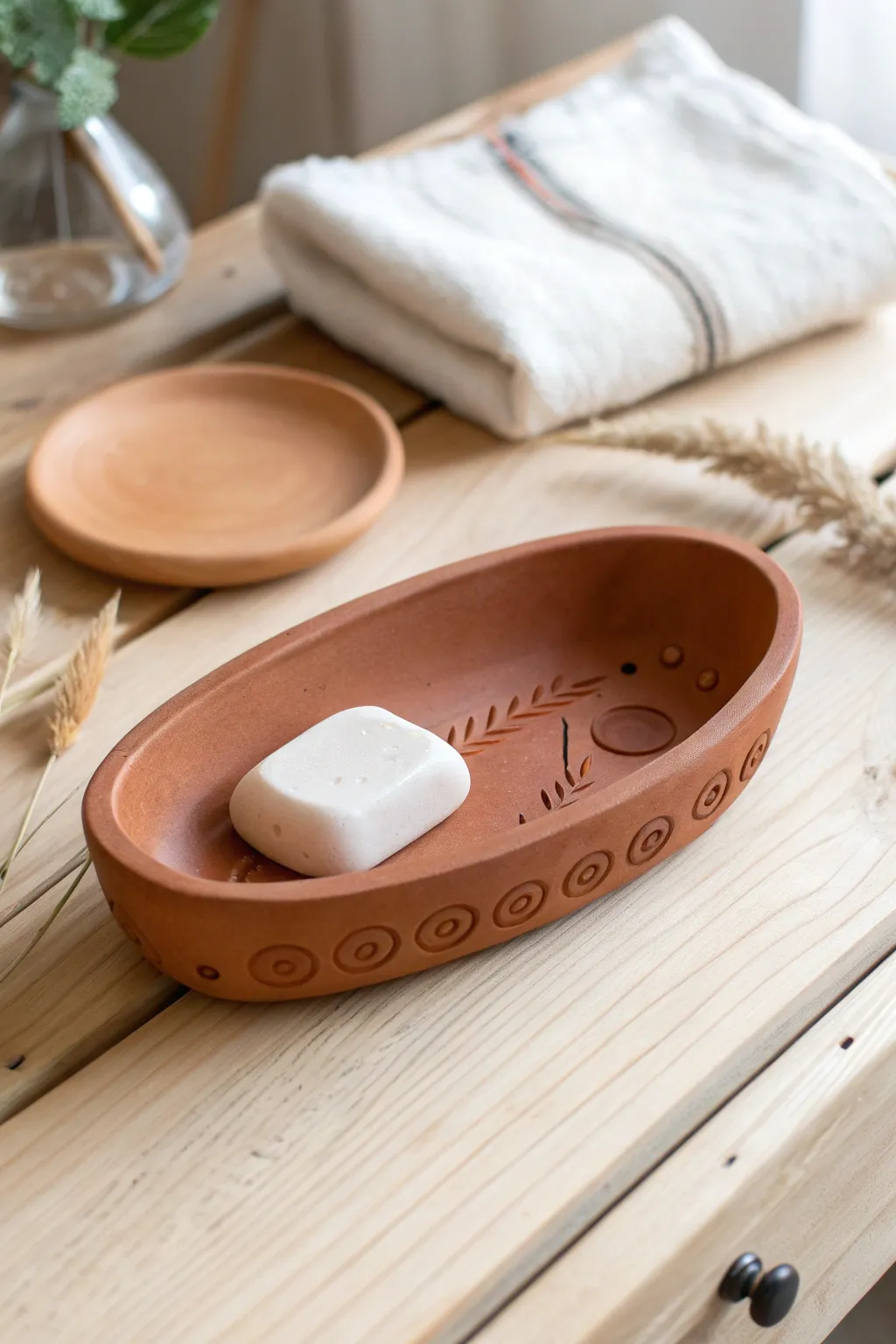 Elevate your bathroom decor with the natural charm of a handcrafted terracotta soap dish.