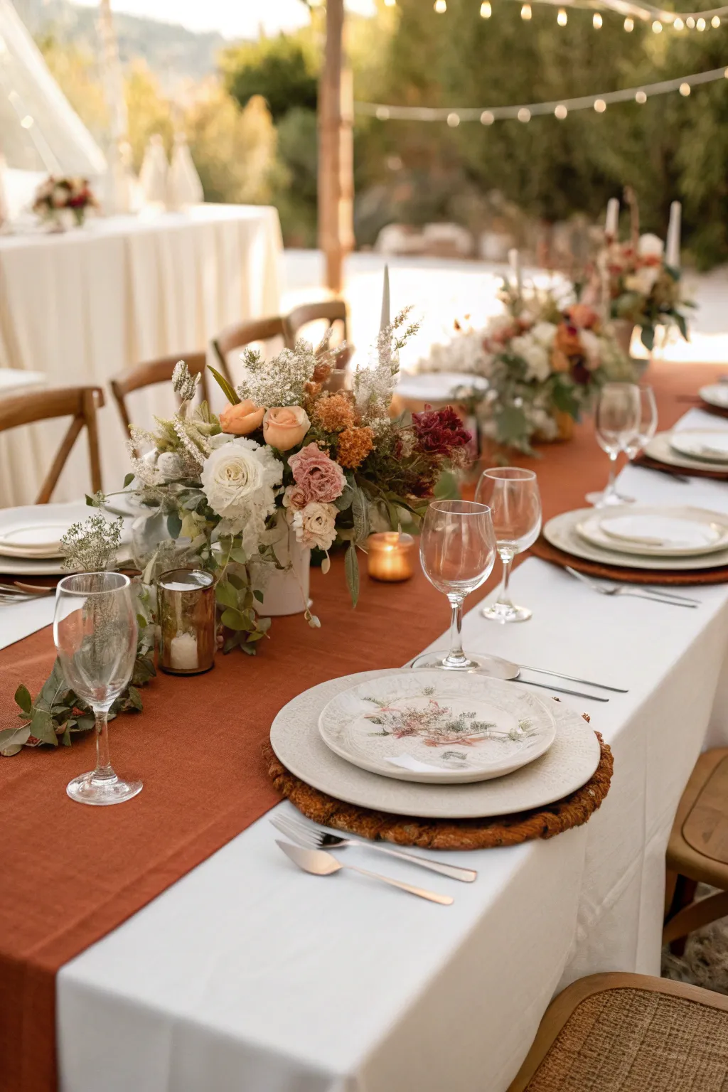 A terracotta table runner adds warmth and continuity.
