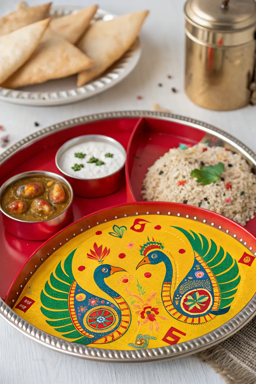 A thali featuring traditional motifs, adding cultural significance.