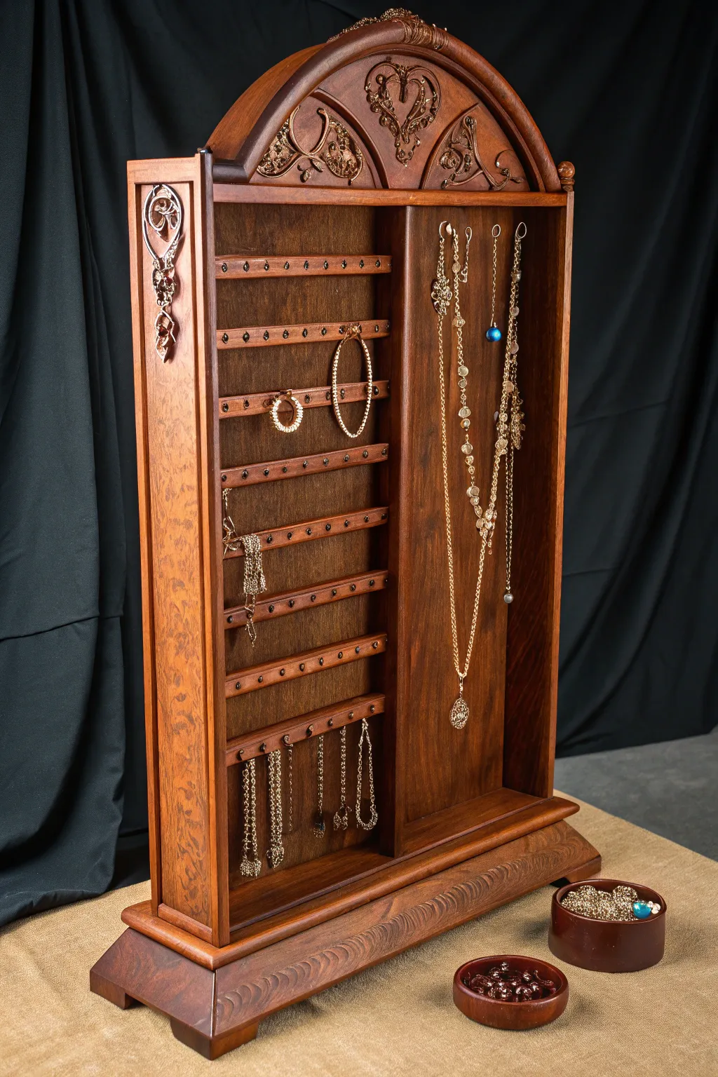 Master the art of organization with this exquisite handcrafted wooden jewelry holder.