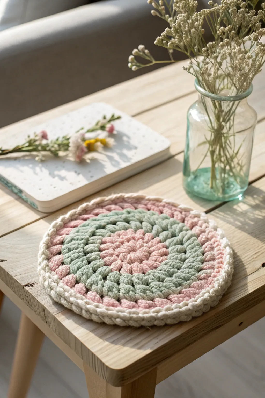 Add a touch of cozy elegance to your space with these handcrafted chunky yarn coasters. Perfect for protecting your furniture in style!