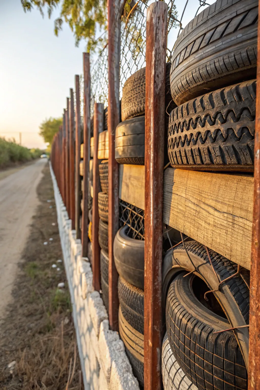 Transform recycled tires and metals into a stunning mixed-media fence masterpiece.