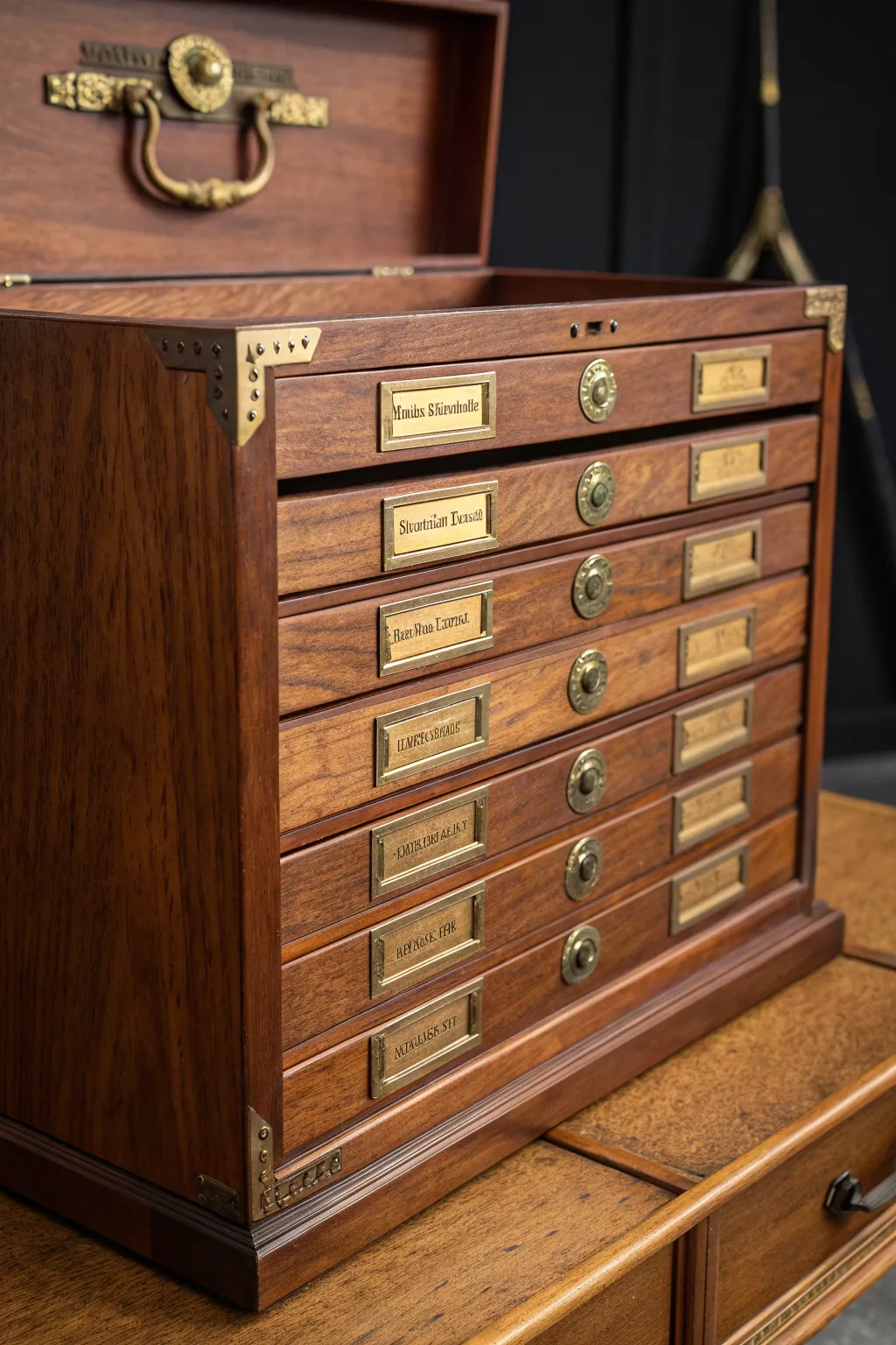 Elevate your space with a personalized touch: bespoke name plates on a handcrafted toolbox dresser.