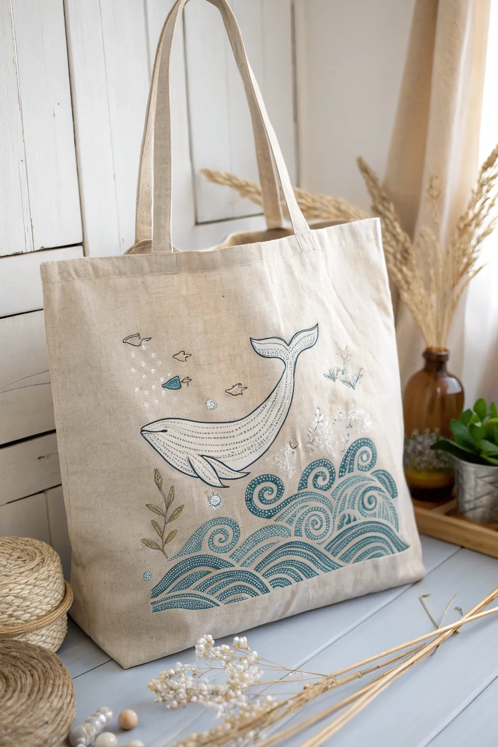Embrace the serenity of the sea with this beautifully embroidered tote, perfect for a touch of coastal elegance.
