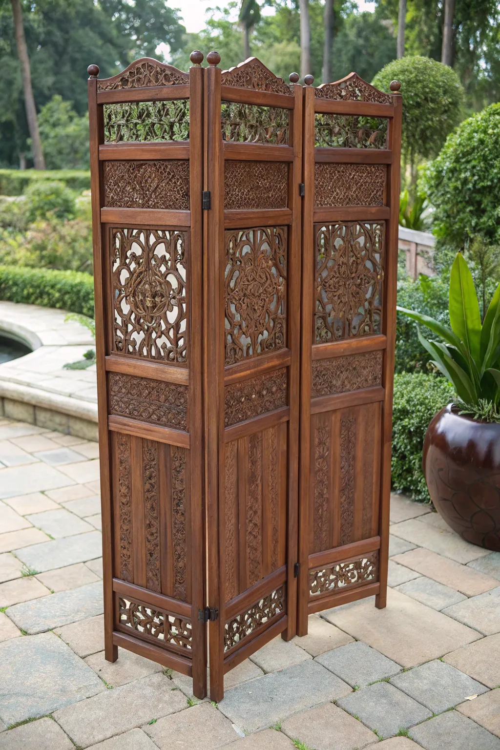Elevate your outdoor space with this exquisite folding screen, where artistry meets functionality.