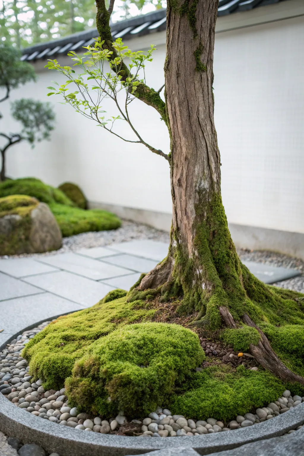 Embrace the elegance of nature with a moss-edged tree for a serene garden vibe.