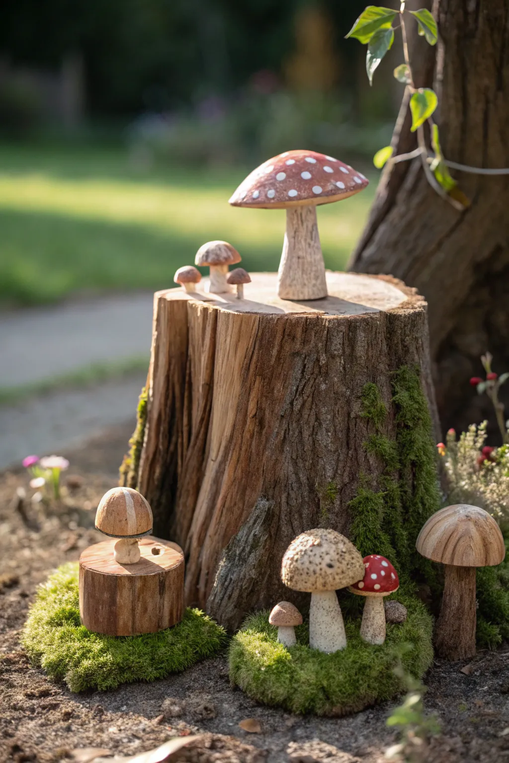 Step into a fairy tale with these enchanting wooden mushrooms, transforming your garden into a magical oasis.