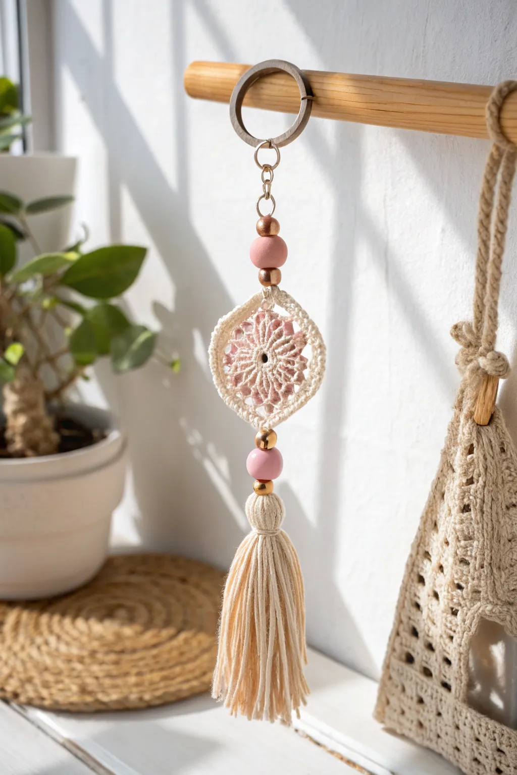 Add a touch of handmade charm to your keys with this elegant crochet keychain. Perfect for expressing your creativity on the go!