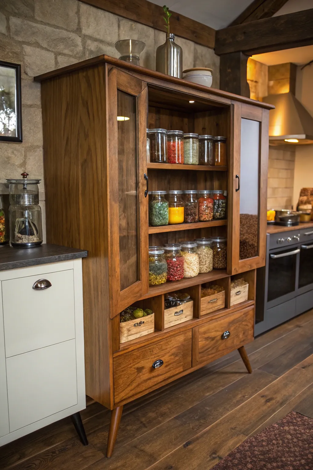 Transform your space with this elegant upcycled TV cabinet pantry, perfect for adding style and storage to any kitchen.