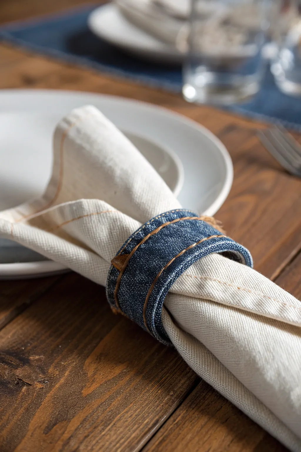 Elevate your dining experience with handcrafted denim napkin rings, adding a touch of rustic elegance.