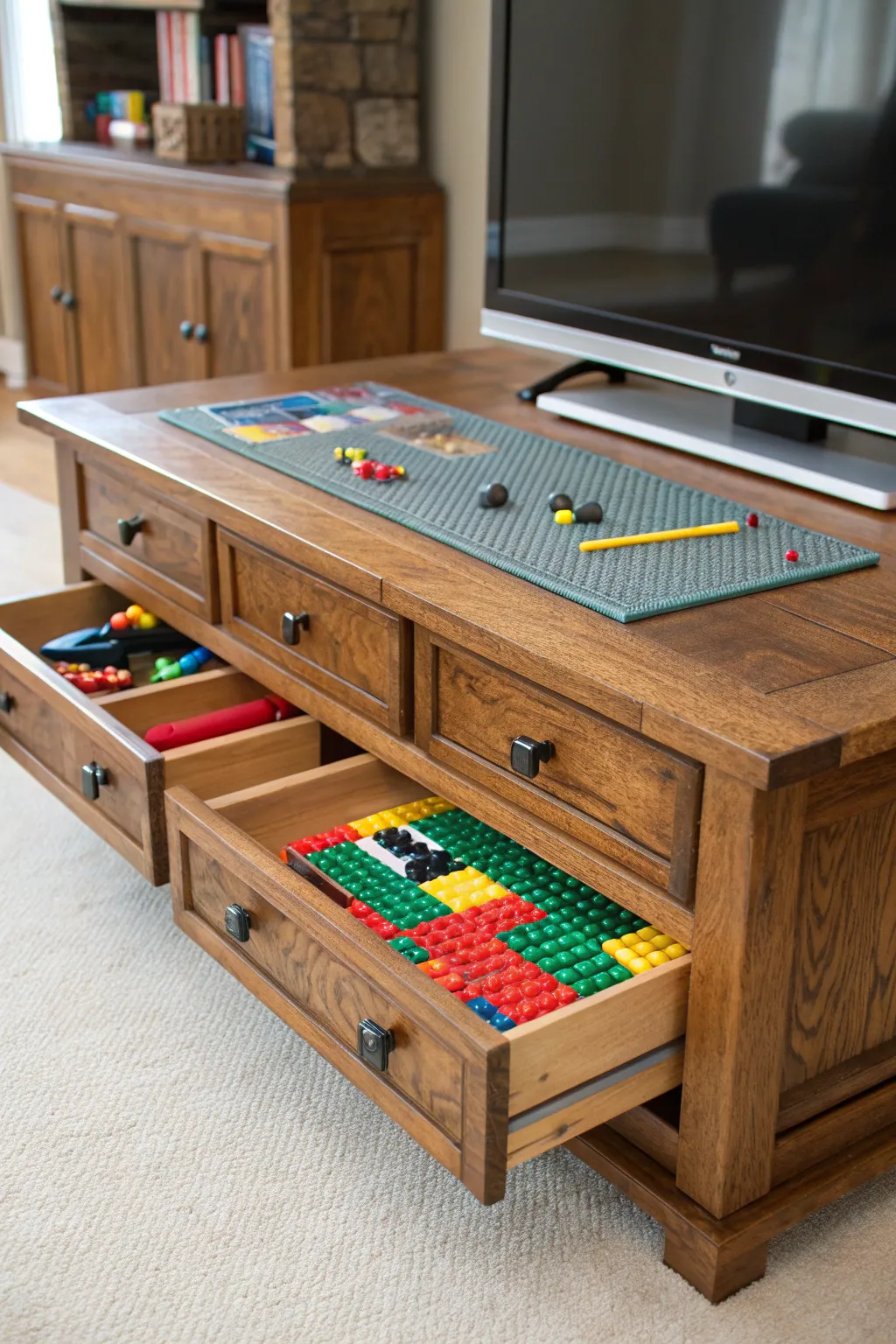 Transform your old TV stand into a stunning Lego table that blends craftsmanship with creativity.