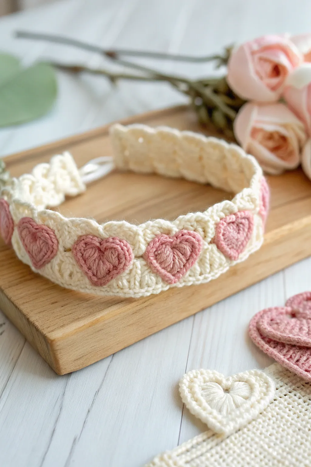 Add a touch of love to your look with this charming heart-adorned crochet headband. Perfect for any occasion!