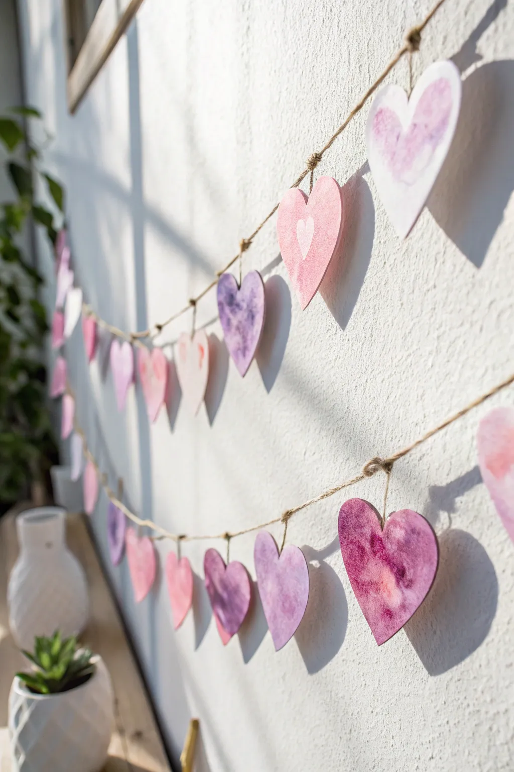 Spread love with a charming watercolor heart garland, perfect for adding a touch of romance to your minimalist space.