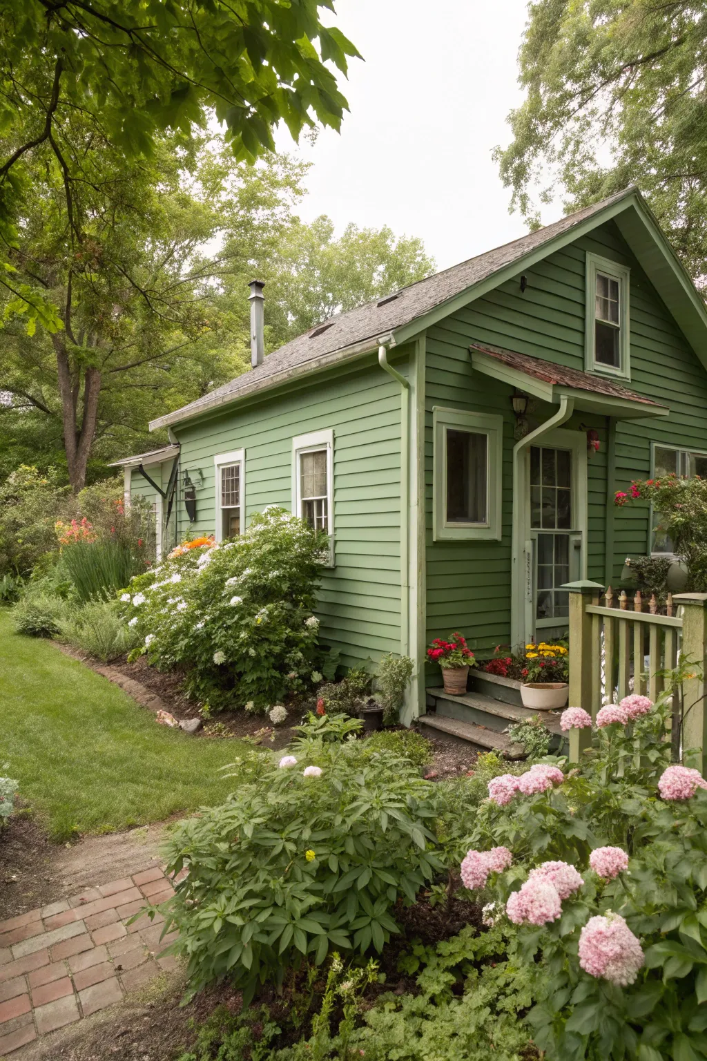 Green siding connects the home to its landscape.