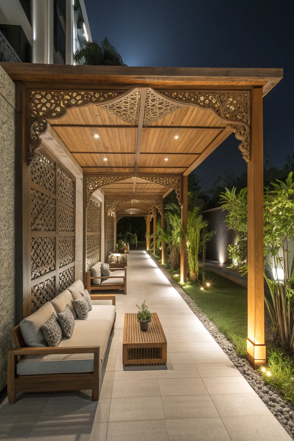 Transform your walkway into a masterpiece of relaxation and style with this elegant canopy setup.