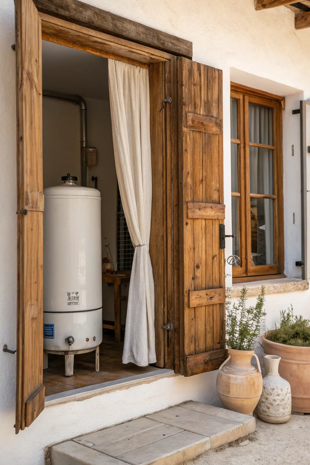 Rustic shutters add charm and character while hiding your water heater stylishly. 🏡 #RusticCharm #FarmhouseDecor