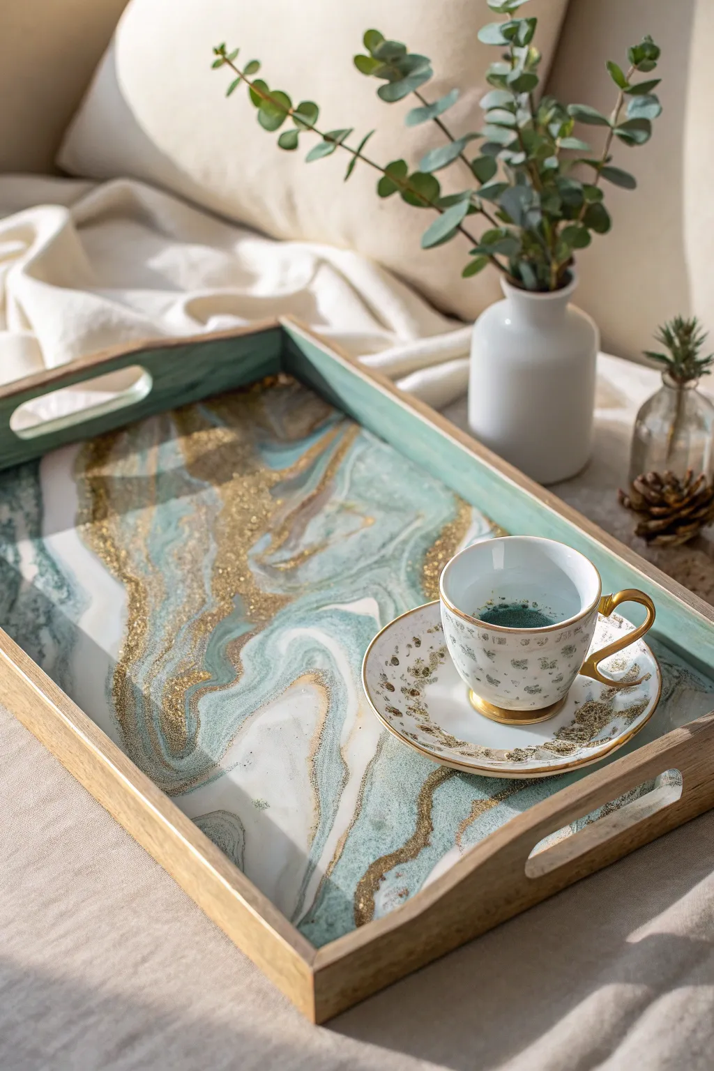 Elevate your hosting game with the artful elegance of a marbled serving tray. Perfect for a stylish and serene gathering.