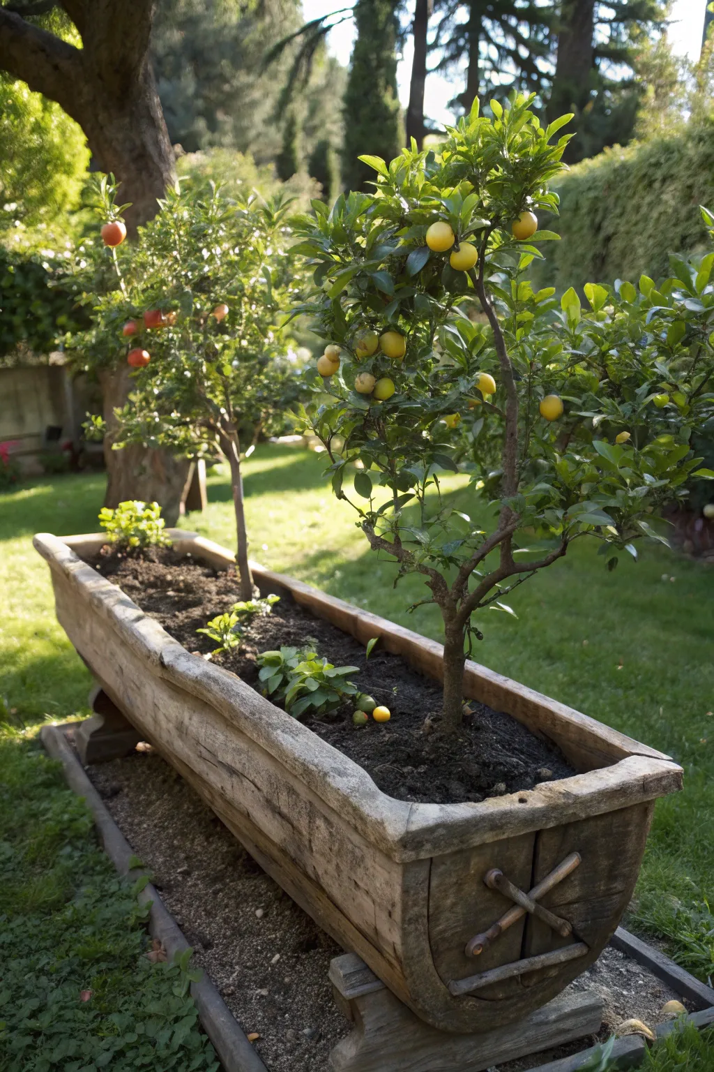 Create your own compact orchard with dwarf fruit trees in a handcrafted trough – a blend of nature and craftsmanship.