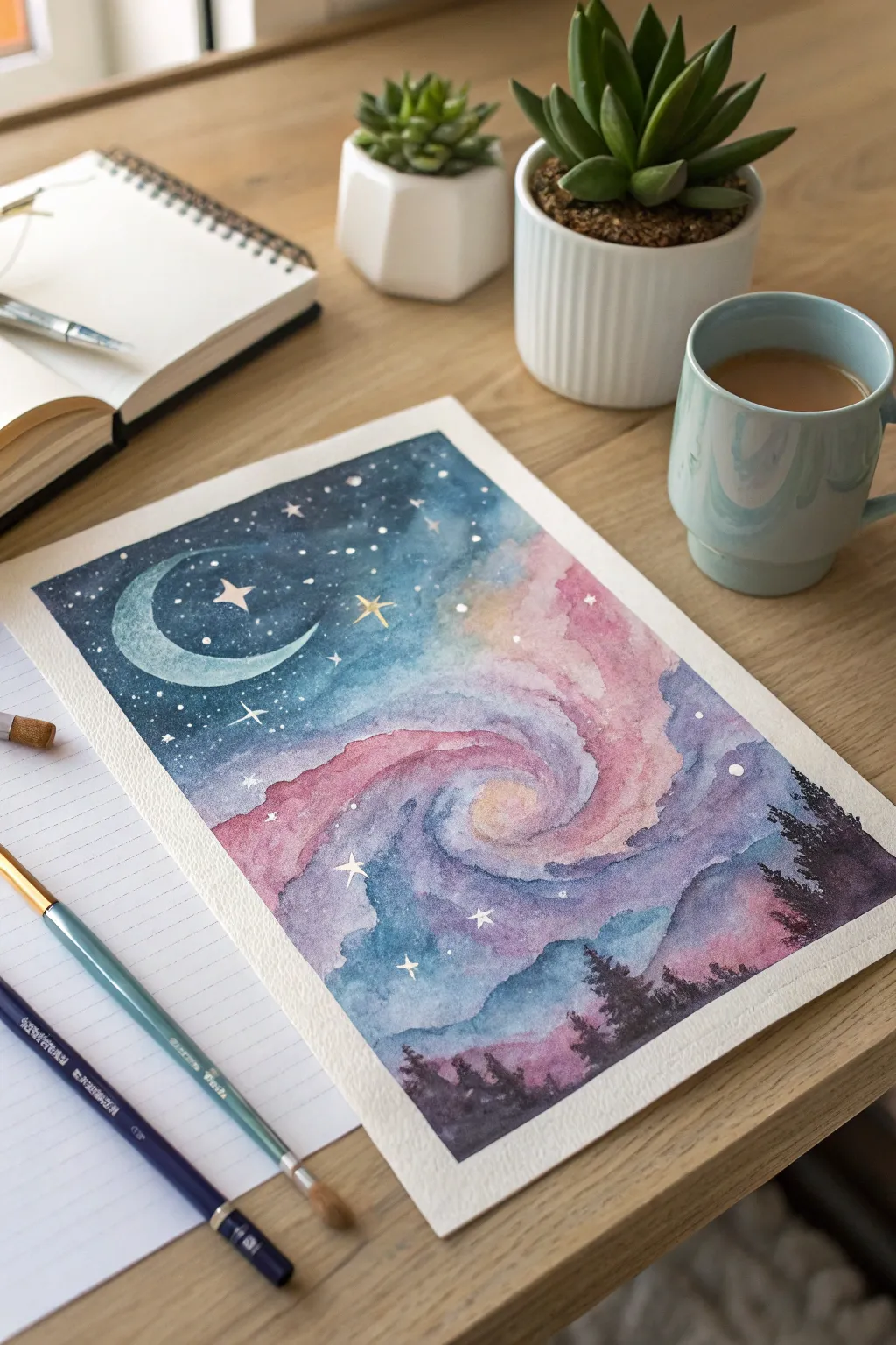 Dream among the stars with celestial watercolor art, where simplicity meets the cosmos.
