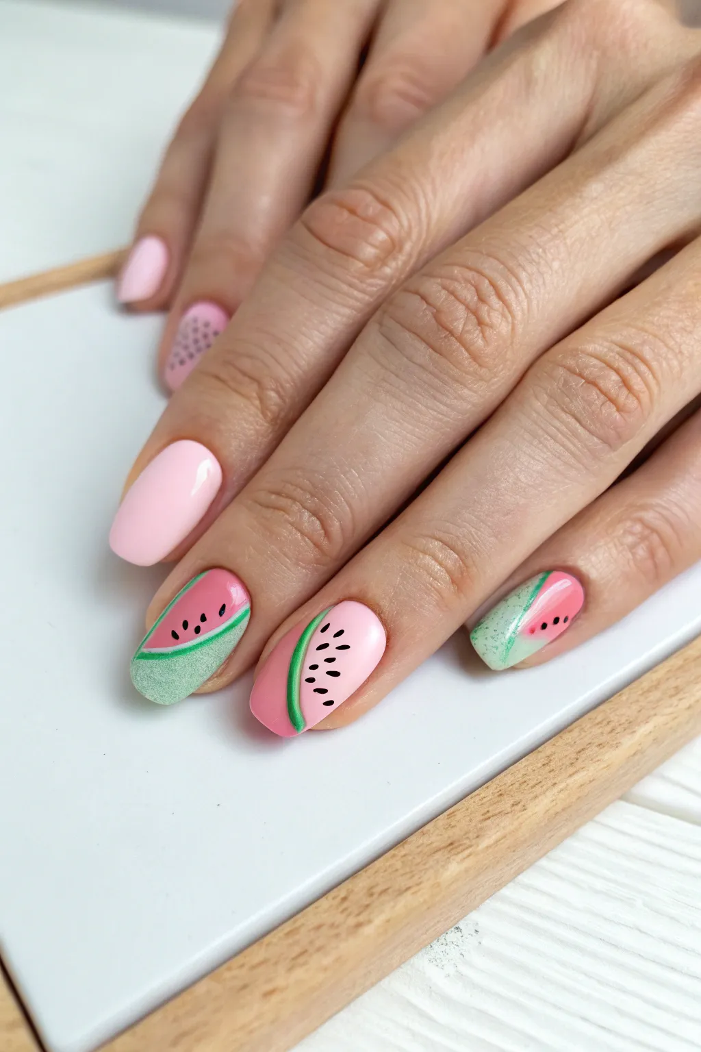 Embrace the subtle elegance of pastel watermelon hues for a touch of summer sophistication.