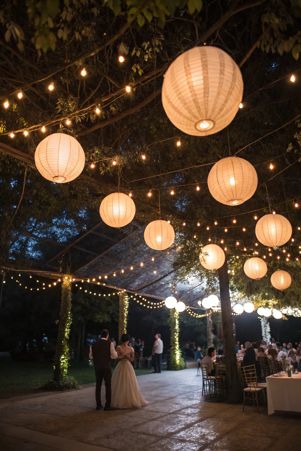 Hanging light orbs offer a modern and magical touch.