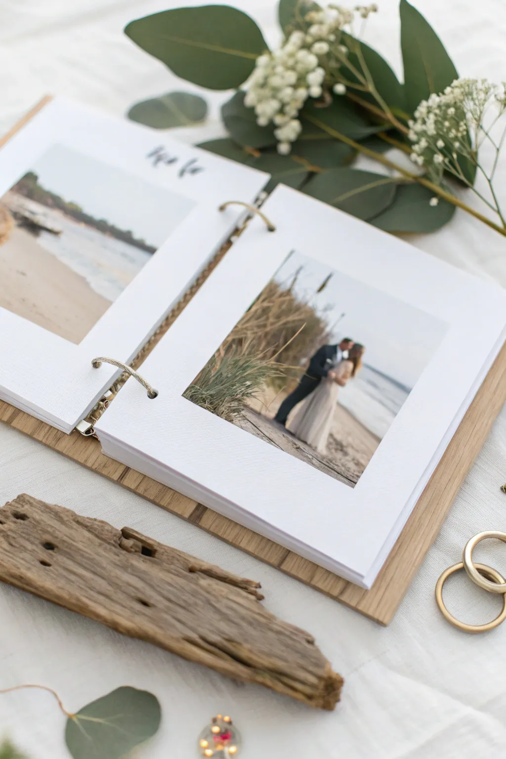 Embrace the unexpected: Driftwood and metal accents bring rustic charm to your wedding scrapbook.