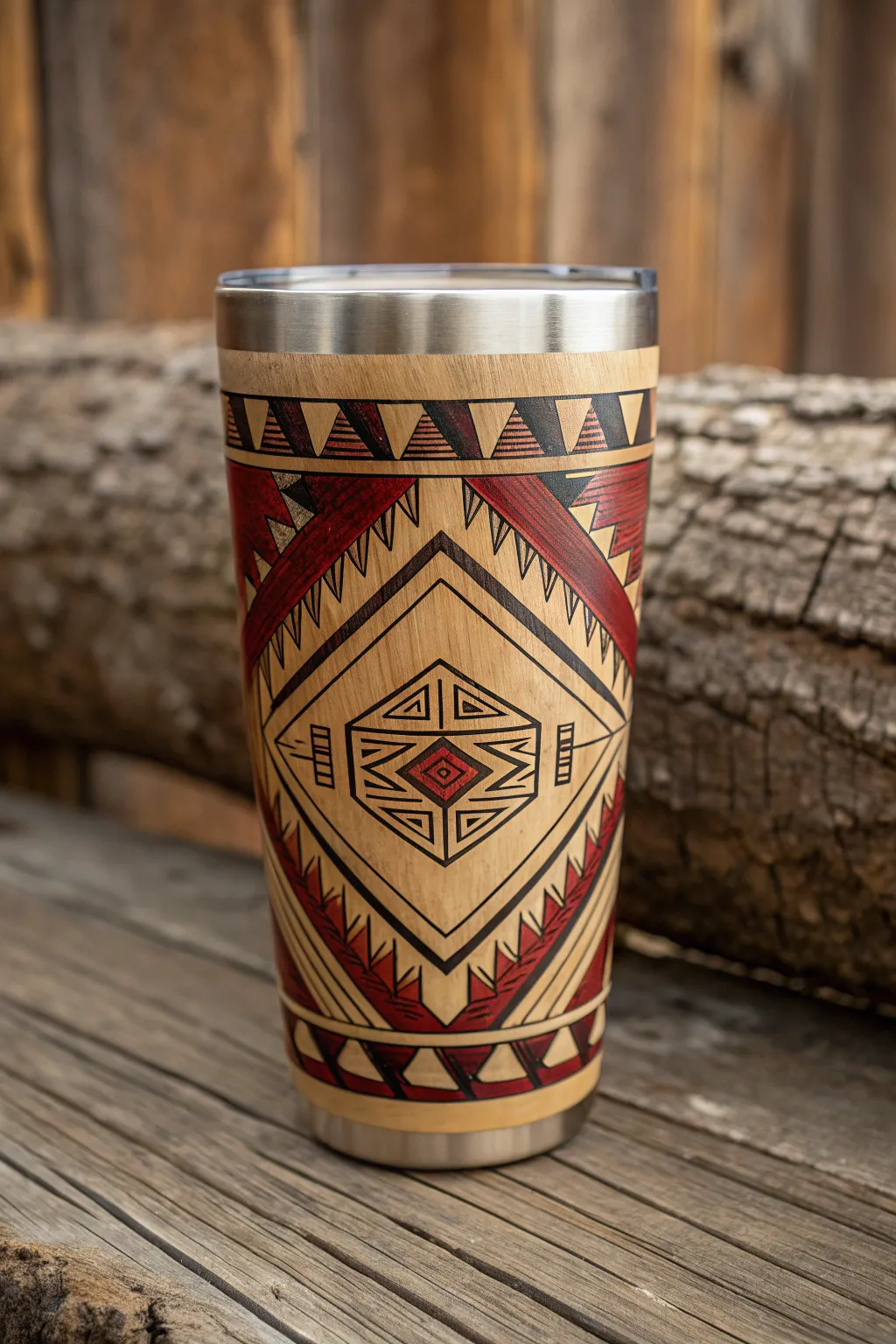Embrace tradition with a touch of modern craftsmanship in this stunning Native American-patterned tumbler.
