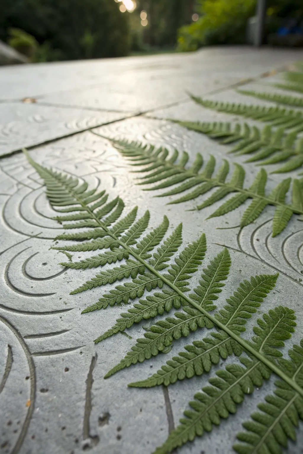 Nature's touch in urban spaces: Ferns elegantly pressed into wet cement.