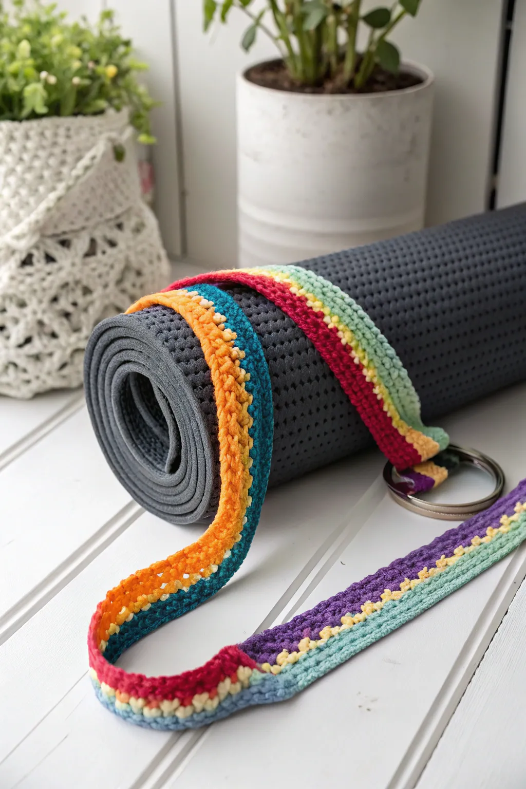 Infuse your yoga practice with color and style with this radiant rainbow yarn strap. 🌈🧘‍♀️