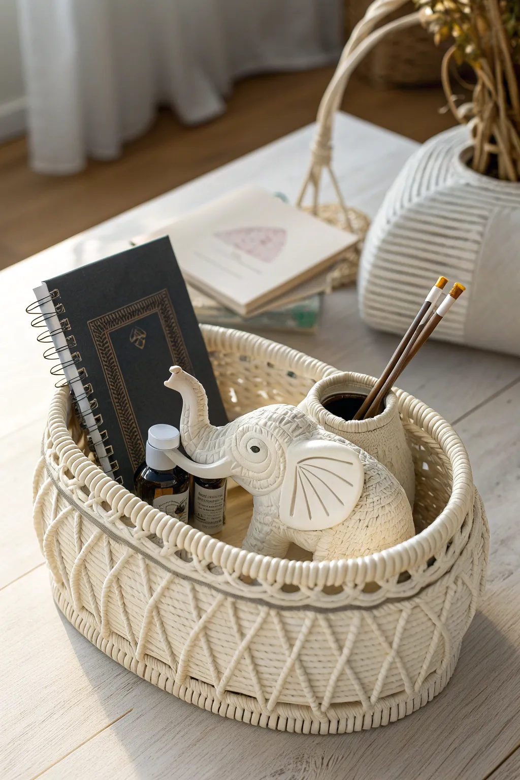 Embrace tranquility and mindfulness with this serene white elephant basket set, perfect for creating a calming home sanctuary.