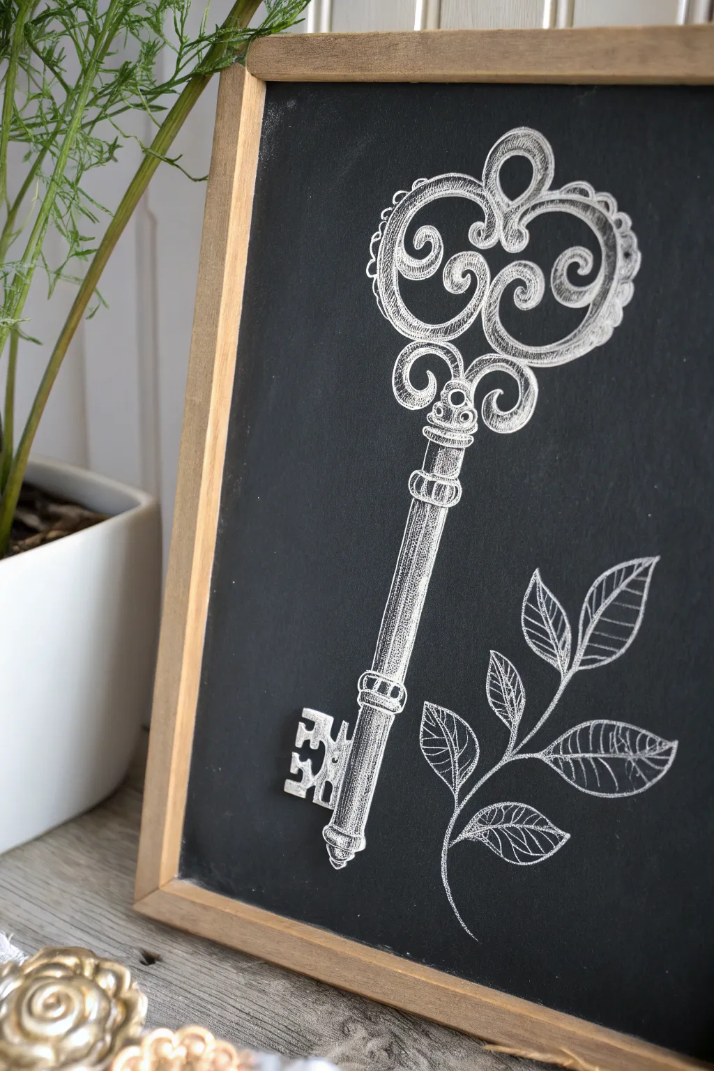 Unlock secrets with the elegance of a vintage key drawn in white on black.