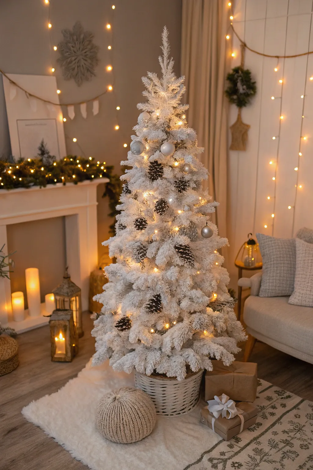 Frosted white pinecones add a touch of wintry charm to this tree.
