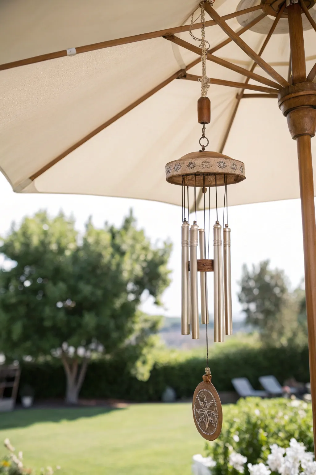 Discover serenity in simplicity with a wind chime elegantly suspended from your garden umbrella.