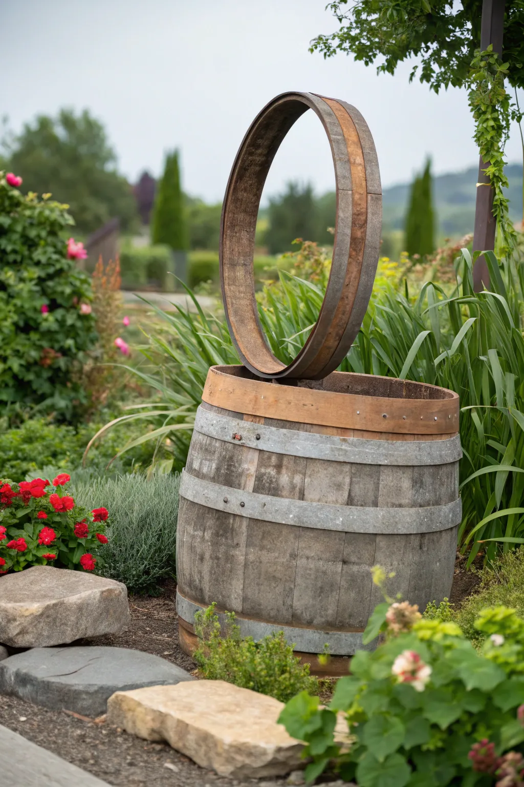 Elevate your garden's charm with vintage wine barrel rings as plant supports.