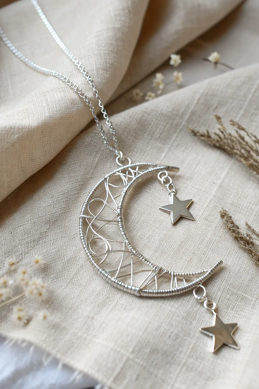 Embrace the celestial charm with this moonlit wire-wrapped pendant.