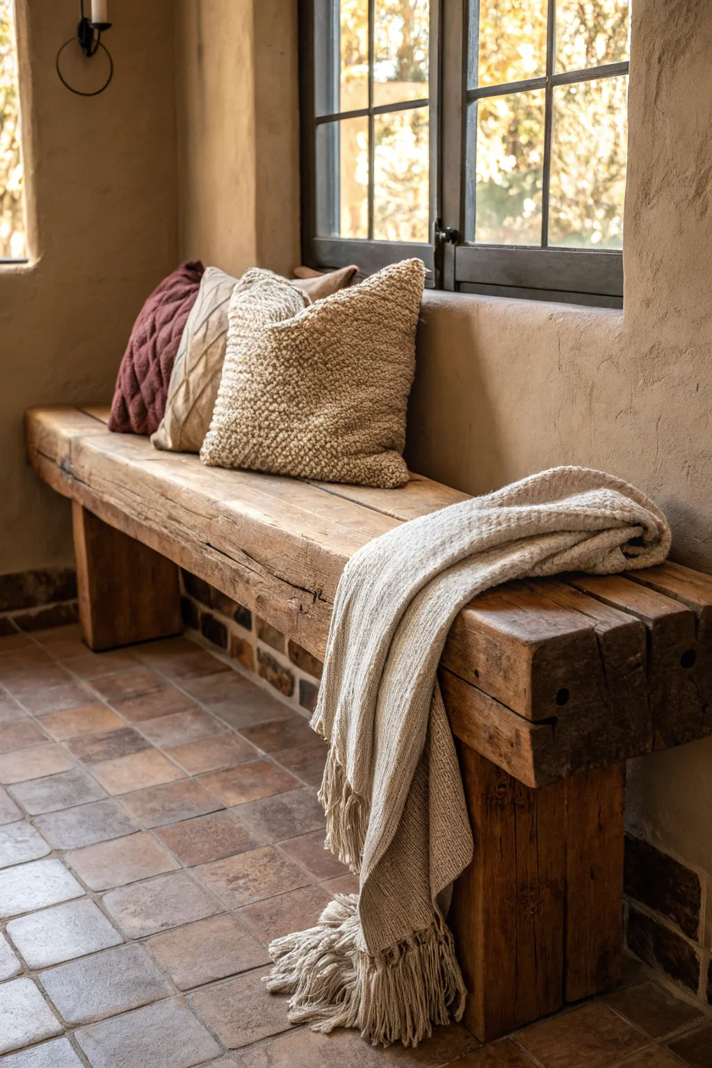 Elevate your space with layered textures on a handcrafted wood beam bench, blending rustic charm with cozy comfort.