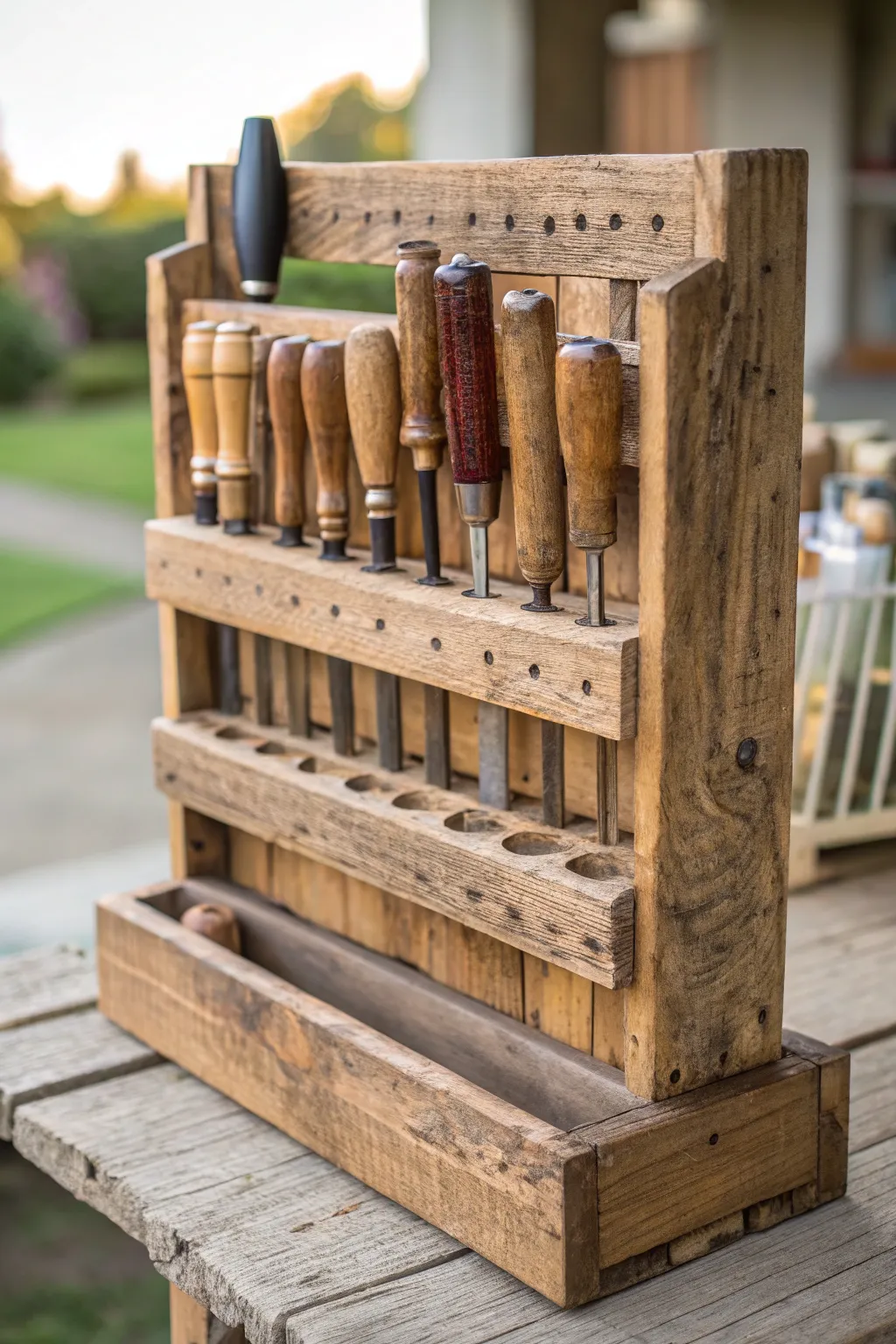 Elevate your workspace with rustic charm: Craftsmanship meets sustainability in this recycled wood tool storage solution.