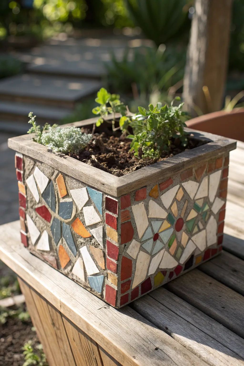 Elevate your garden with the artistry of a handmade mosaic planter box.