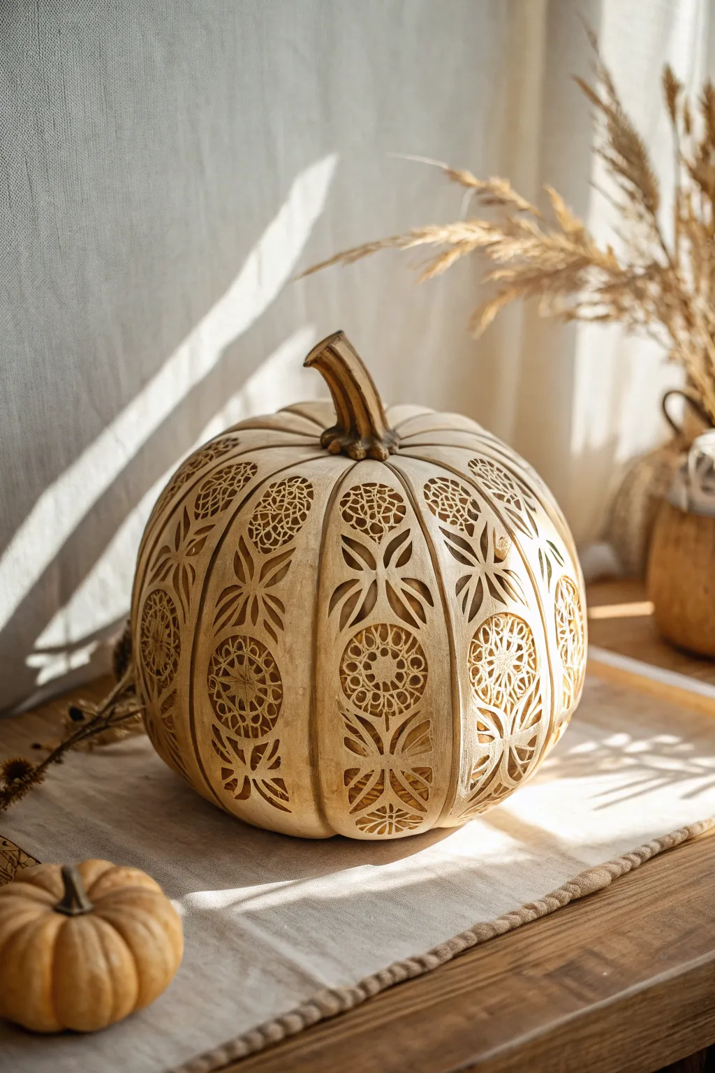 Illuminate your space with the enchanting charm of a handcrafted wooden pumpkin, where artistry meets natural beauty.