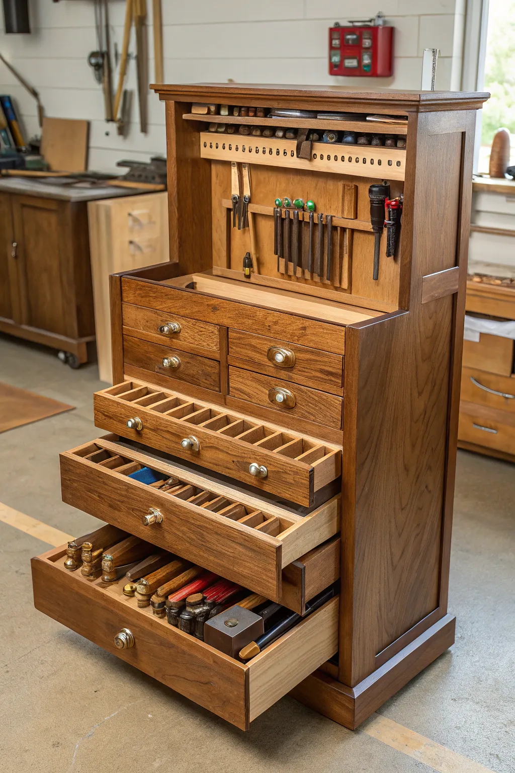 Elevate your workshop with bespoke craftsmanship: a custom-built tool cabinet for the discerning woodworker.