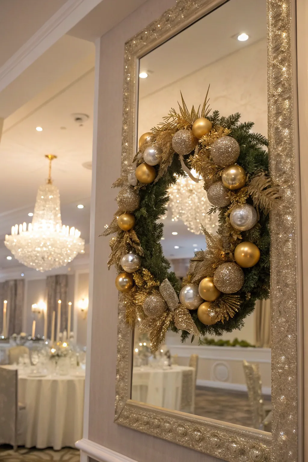 Gold accents add glamour and sparkle to a mirror wreath.