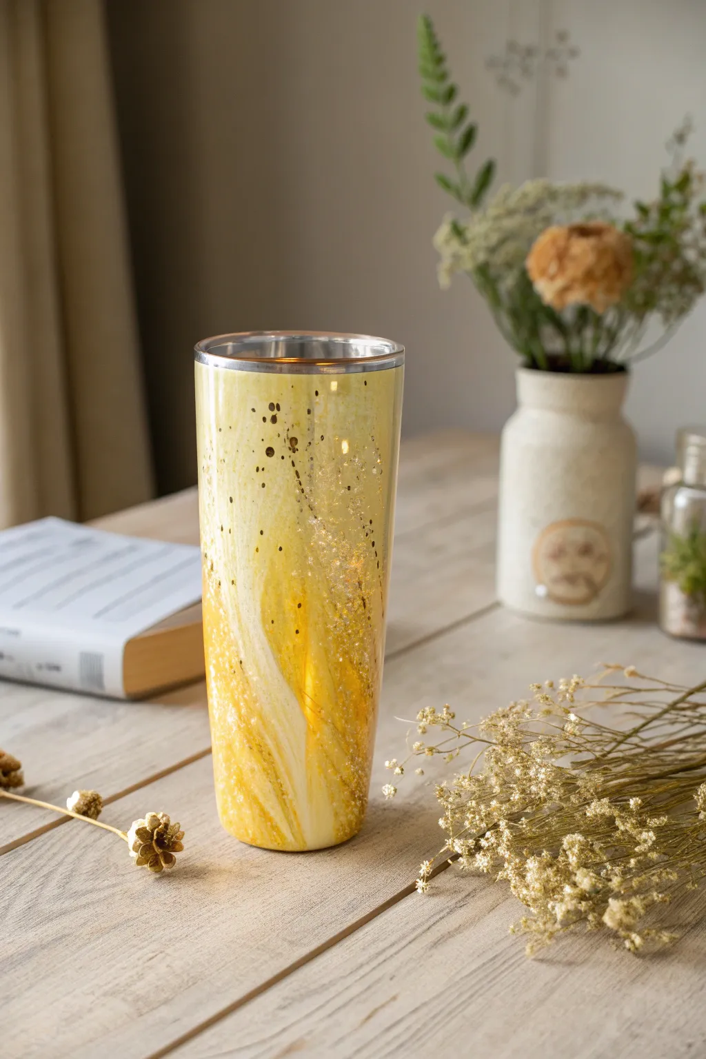 Unleash your creativity with this abstract yellow glitter tumbler, where simplicity meets artistry.