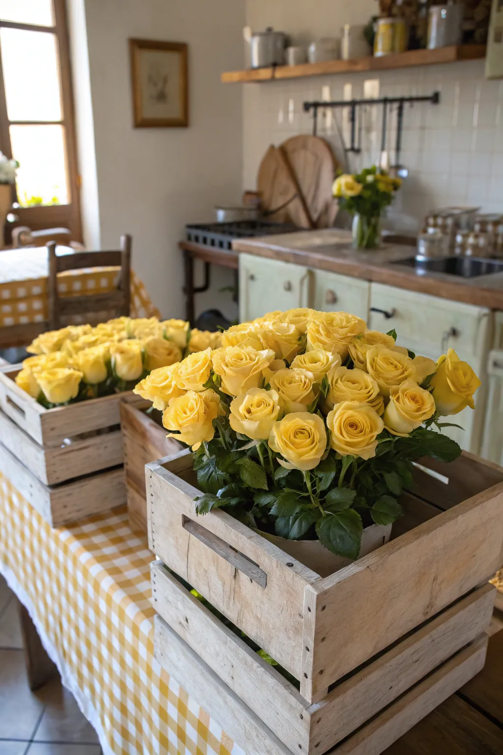 Farmhouse feel with yellow roses in wooden crates.