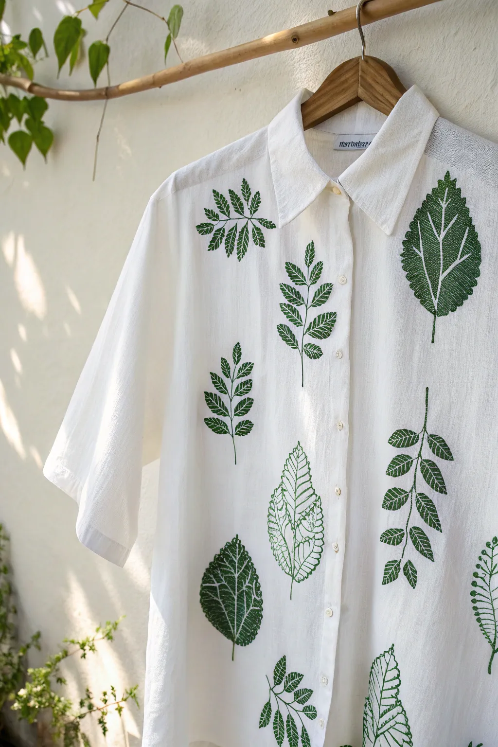 Embrace nature with elegance: a minimalist shirt adorned with 100 delicate leaf motifs.