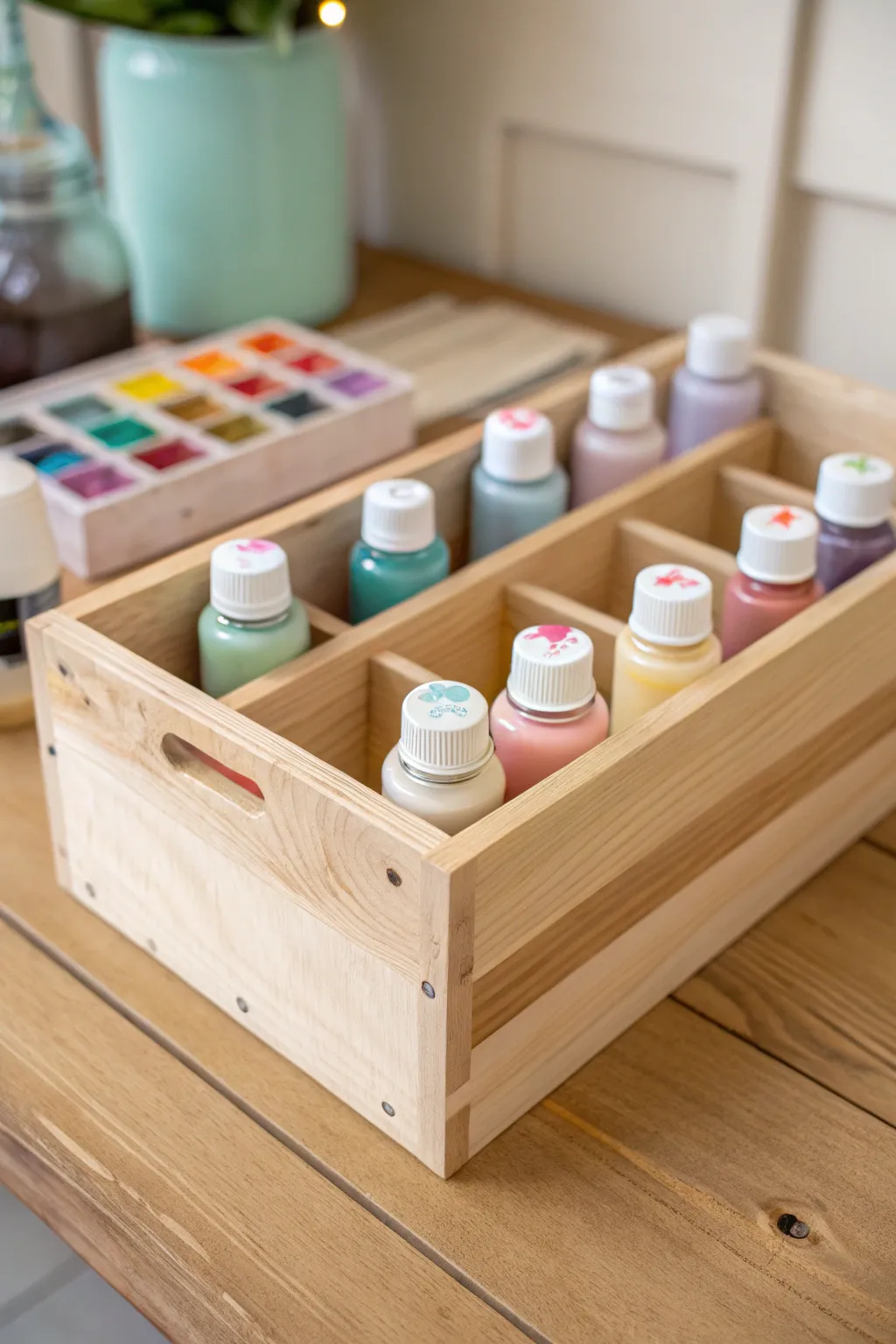 Discover the art of organization with upside-down paint bottle storage – a perfect blend of functionality and minimalist beauty.