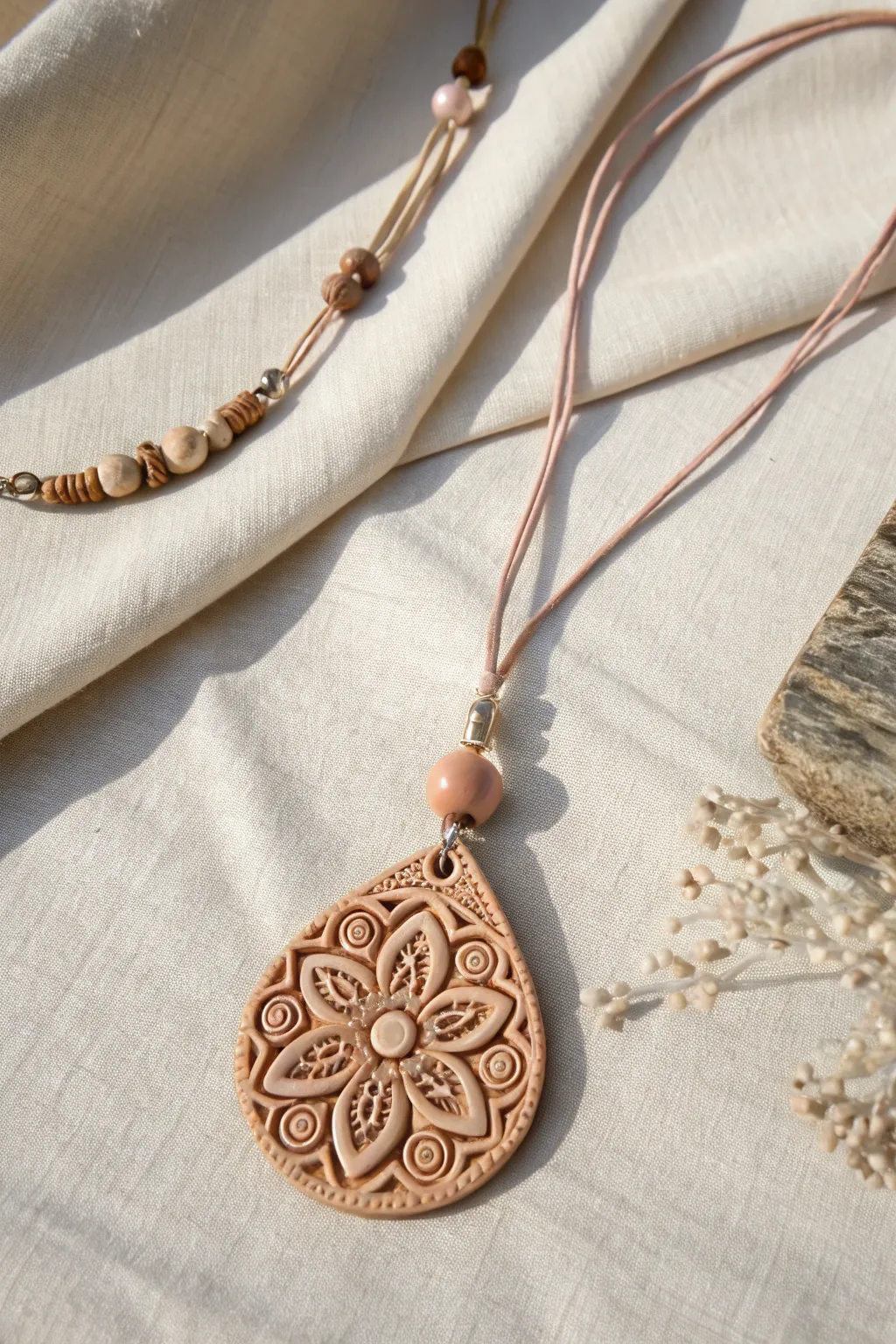 Embrace the beauty of simplicity with this handcrafted clay pendant, a perfect blend of Scandinavian elegance and boho charm.