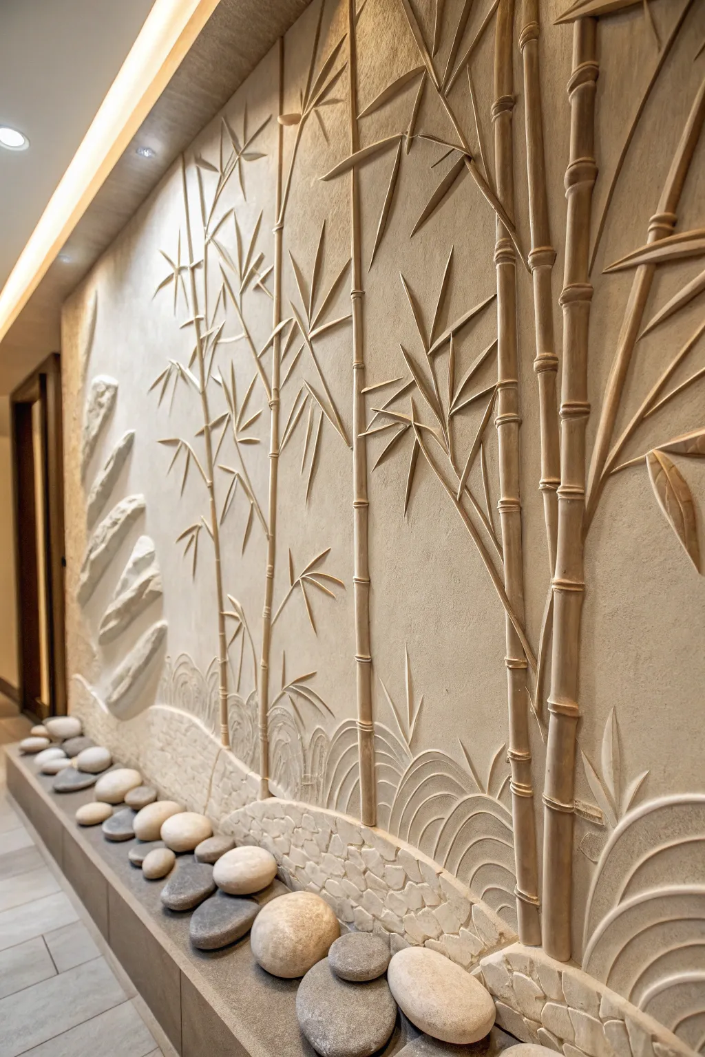 Transform your space into a Zen retreat with this exquisite 3D clay mural, where bamboo and stone come together in perfect harmony.