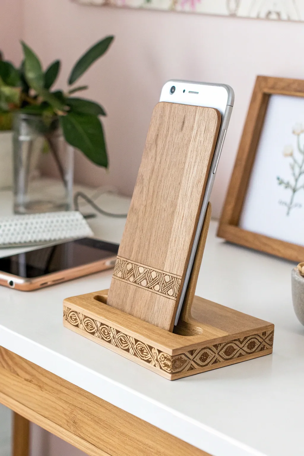 Elevate your workspace with personalized elegance. 🌿📱 #MinimalistCraft #BohoTech