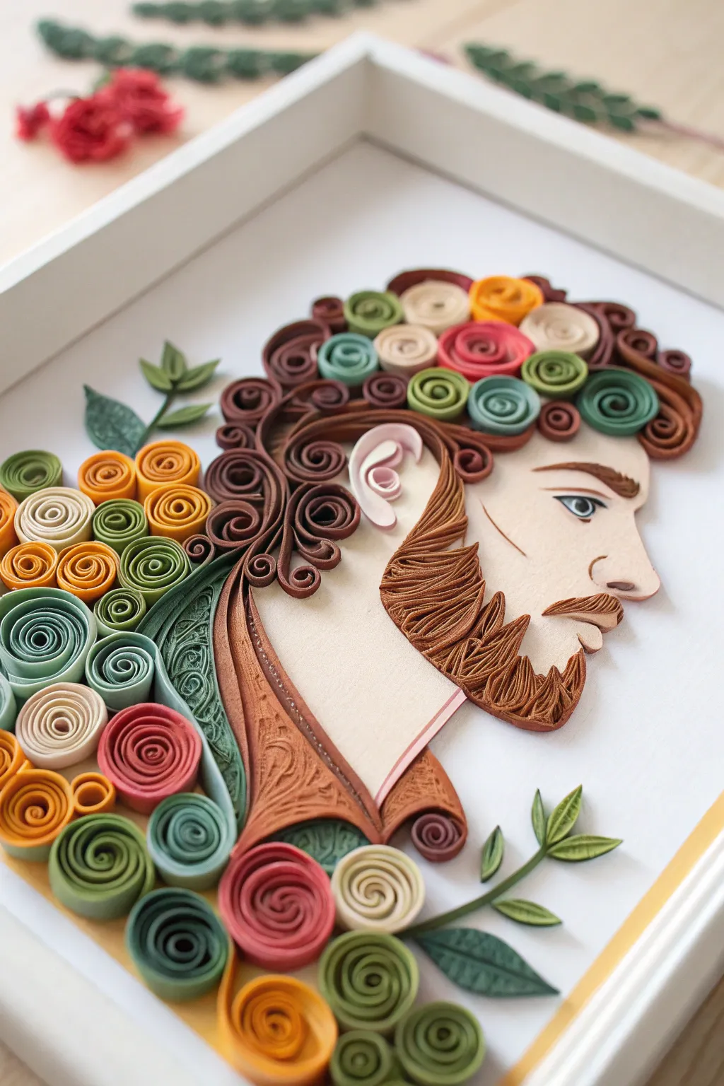 Discover the charm of quilling with this whimsical 3D self-portrait, where paper art meets minimalist elegance.