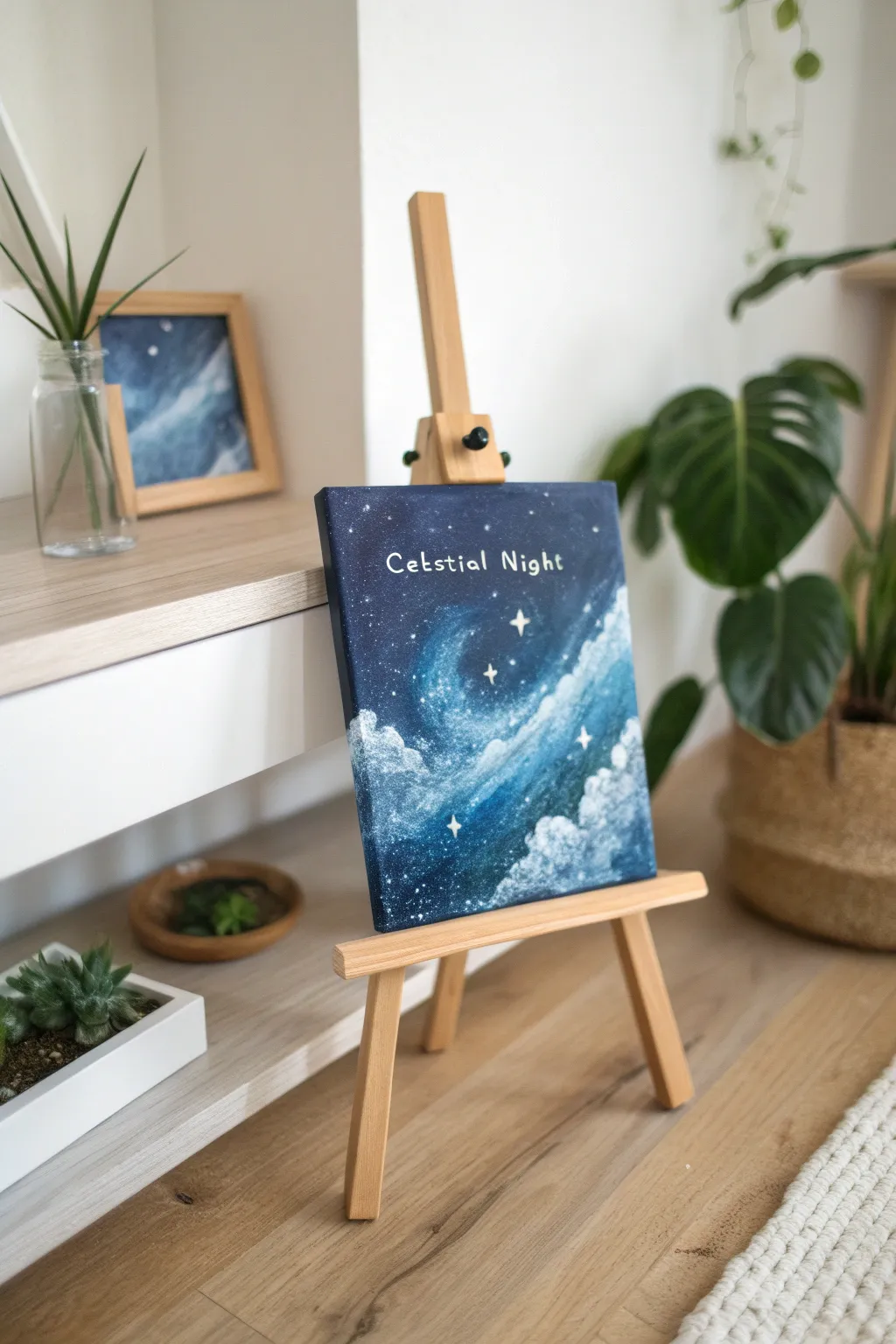 Discover the enchanting beauty of the night sky with 'Celestial Night', where deep blues and shimmering whites dance in minimalist harmony.